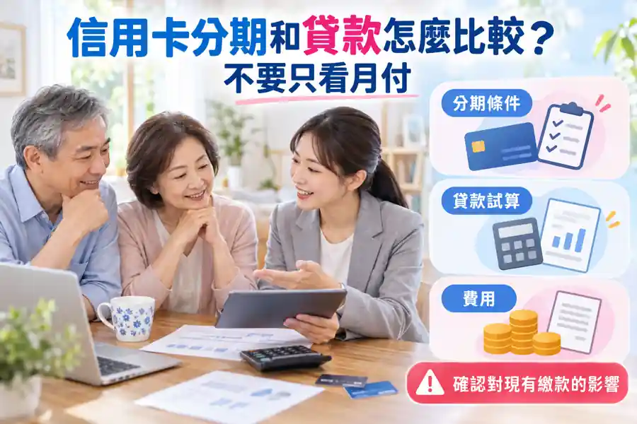 信用卡分期和貸款怎麼比較?不要只看月付主題圖:分期條件、貸款試算、費用