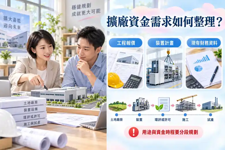 擴廠資金需求如何整理?先確認場地,再排工程與試產現金主題示意
